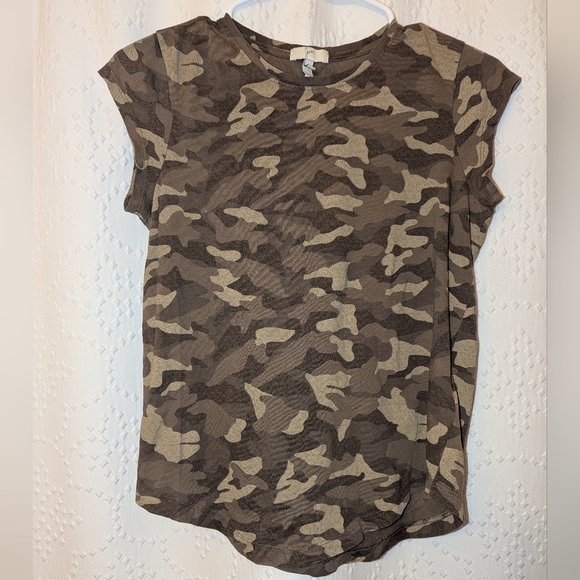 Joie Pima Cotton Brown Camel Tan Camo Shirt Sleeve Women's XS Tee Curved Hem - Picture 1 of 7
